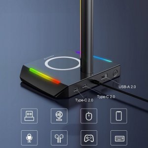 Feegar STOJAK NA SŁUCHAWKI HOLD Podświetlanie RGB HUB 3x USB Typ-C Indukcja 6