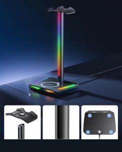 Feegar STOJAK NA SŁUCHAWKI HOLD Podświetlanie RGB HUB 3x USB Typ-C Indukcja 8