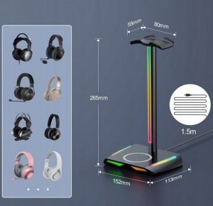 Feegar STOJAK NA SŁUCHAWKI HOLD Podświetlanie RGB HUB 3x USB Typ-C Indukcja 9