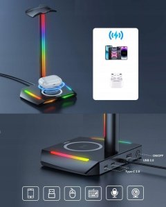 Feegar STOJAK NA SŁUCHAWKI HOLD Podświetlanie RGB HUB 3x USB Typ-C Indukcja 10