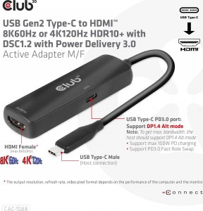 Club 3D Club3D Adaptér USB-C na HDMI 8K60Hz/4K120Hz, Active Adapter M/F, PD 3.0, HDR10+ a DSC 1.2 5