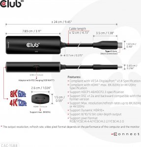 Club 3D Club3D Adaptér USB-C na HDMI 8K60Hz/4K120Hz, Active Adapter M/F, PD 3.0, HDR10+ a DSC 1.2 6