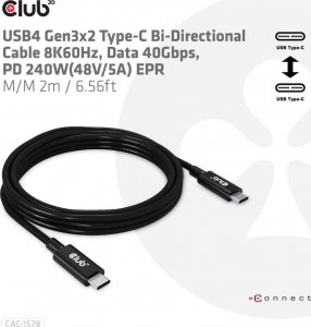 Club 3D Club3D Kabel USB4 Gen3x2 Type-C Oboustranný kabel 8K60Hz, Data 40 Gbps, PD 240W(48V/5A) EPR M/M 2m 2