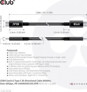 Club 3D Club3D Kabel USB4 Gen3x2 Type-C Oboustranný kabel 8K60Hz, Data 40 Gbps, PD 240W(48V/5A) EPR M/M 2m 3