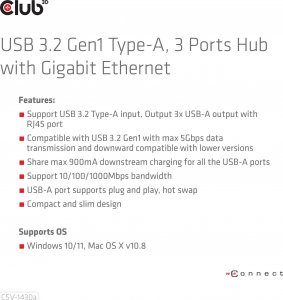 Club 3D Club3D Rozbočovač, USB-A 3.2 Gen1 na 3x USB 3.1, Gigabit Ethernet 11