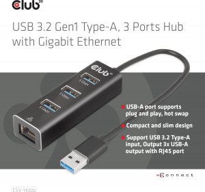Club 3D Club3D Rozbočovač, USB-A 3.2 Gen1 na 3x USB 3.1, Gigabit Ethernet 6