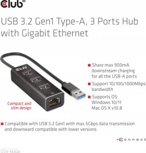 Club 3D Club3D Rozbočovač, USB-A 3.2 Gen1 na 3x USB 3.1, Gigabit Ethernet 7
