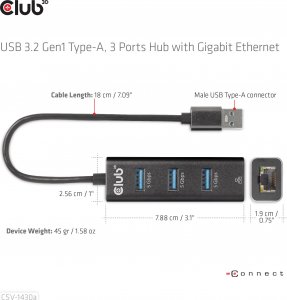 Club 3D Club3D Rozbočovač, USB-A 3.2 Gen1 na 3x USB 3.1, Gigabit Ethernet 8
