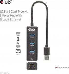Club 3D Club3D Rozbočovač, USB-A 3.2 Gen1 na 3x USB 3.1, Gigabit Ethernet 10