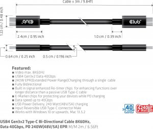 Club 3D Club3D Kabel USB4 Gen3x2 Typ C 8K60Hz UHD Power Delivery 240W, (M/M), 300cm 6