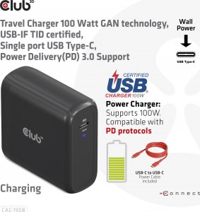Club 3D Club3D cestovní nabíječka 100W GAN technologie, USB-IF TID certified, USB Type-C, Power Delivery(PD) 3.0 Support 4