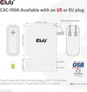 Club 3D Club3D cestovní nabíječka 100W GAN technologie, USB-IF TID certified, USB Type-C, Power Delivery(PD) 3.0 Support 7