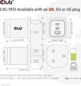 Club 3D Club3D cestovní nabíječka 65W GAN technologie, 3 porty (2xUSB-C + USB-A), PPS, Power Delivery(PD) 3.0 Support 12