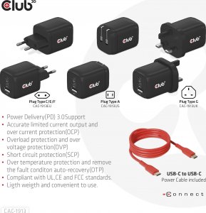 Club 3D Club3D cestovní nabíječka 65W GAN technologie, 3 porty (2xUSB-C + USB-A), PPS, Power Delivery(PD) 3.0 Support 9