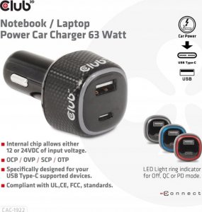 Ładowarka Club 3D Club3D Auto nabíječka pro Notebooky 63W, 2 porty (USB-A + USB-C) 3