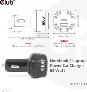 Ładowarka Club 3D Club3D Auto nabíječka pro Notebooky 63W, 2 porty (USB-A + USB-C) 4