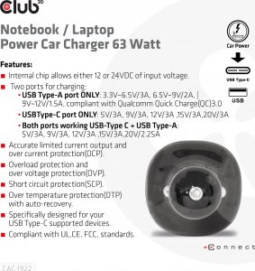 Ładowarka Club 3D Club3D Auto nabíječka pro Notebooky 63W, 2 porty (USB-A + USB-C) 6