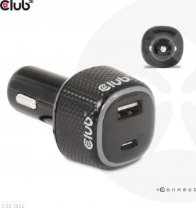 Ładowarka Club 3D Club3D Auto nabíječka pro Notebooky 63W, 2 porty (USB-A + USB-C) 7