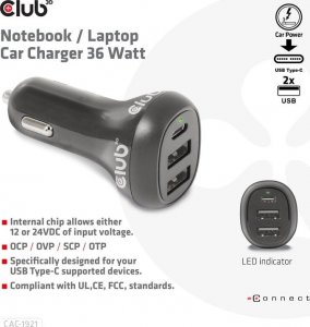 Ładowarka Club 3D Club3D Auto nabíječka pro Notebooky 36W, 3 porty (2xUSB-A + USB-C) 3