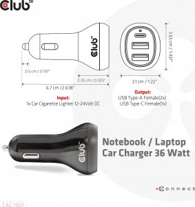 Ładowarka Club 3D Club3D Auto nabíječka pro Notebooky 36W, 3 porty (2xUSB-A + USB-C) 4