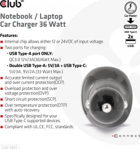 Ładowarka Club 3D Club3D Auto nabíječka pro Notebooky 36W, 3 porty (2xUSB-A + USB-C) 6