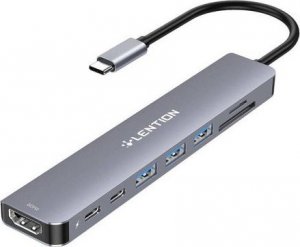 HUB USB Hub 8w1 Lention USB-C do 3x USB 3.0 + SD/TF + PD + USB-C + HDMI 4K60Hz (szary) 1