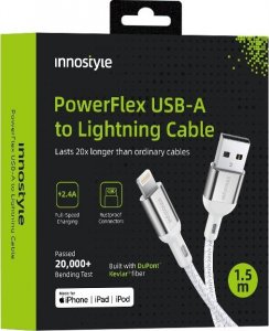 Kabel USB Innostyle INNOSTYLE POWERFLEX KABEL USB LIGHTNING MFI SZYBKIEGO ŁADOWANIA DO IPHONE KEVLAR 2M SREBRNY 1