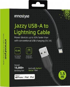Kabel USB Innostyle INNOSTYLE JAZZY KABEL USB LIGHTNING MFI SZYBKIEGO ŁADOWANIA DO IPHONE KEVLAR 2M CZARNY 1