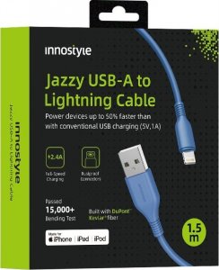 Kabel USB Innostyle INNOSTYLE JAZZY KABEL USB LIGHTNING MFI SZYBKIEGO ŁADOWANIA DO IPHONE KEVLAR 2M NIEBIESKI 1