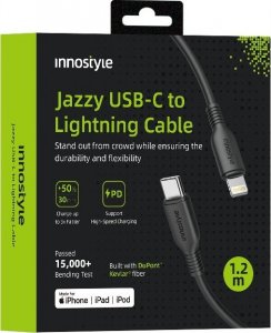 Kabel USB Innostyle INNOSTYLE JAZZY KABEL USB-C LIGHTNING MFI SZYBKIEGO ŁADOWANIA DO IPHONE KEVLAR 1M CZARNY 1
