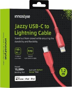 Kabel USB Innostyle INNOSTYLE JAZZY KABEL USB-C LIGHTNING MFI SZYBKIEGO ŁADOWANIA DO IPHONE KEVLAR 1M CZERWONY 1