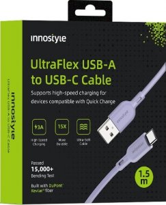 Kabel USB Innostyle INNOSTYLE ULTRAFLEX KABEL USB-C SZYBKIE ŁADOWANIE DO IPHONE SAMSUNG QC 4.0 KEVLAR 2M FIOLETOWY 1