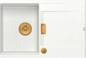 Zlewozmywak Owen OWEN 111 GraniteQ zlewozmywak z syfonem Push 2 Open 1-komorowy z/o (760x500x215; kom. 330x430) snow white / elementy miedziane 2