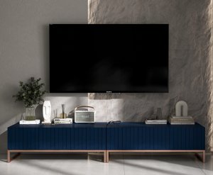 Meble Lindner Szafka RTV Glamour Komoda RTV Meble Lindner Stolik Granatowy Mat Ryflowane Fronty 220 cm 3