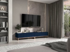 Meble Lindner Szafka RTV Glamour Komoda RTV Meble Lindner Stolik Granatowy Mat Ryflowane Fronty 220 cm 5