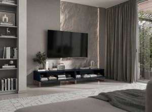 Meble Lindner Szafka RTV Glamour Komoda RTV Meble Lindner Stolik Granatowy Mat Ryflowane Fronty 220 cm 6