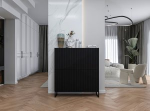 Meble Lindner Komoda RTV Glamour Czarny MAT 112 cm Szafka RTV Nowoczesna Czarna Rama Loft Ryflowane fronty 3