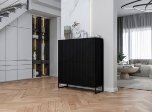 Meble Lindner Komoda RTV Glamour Czarny MAT 112 cm Szafka RTV Nowoczesna Czarna Rama Loft Ryflowane fronty 4