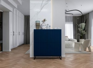 Meble Lindner Komoda RTV Loft Szafka RTV Glamour Granatowy Mat 112 cm Ryflowane fronty Mat Metalowa Rama 3