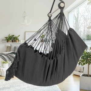 Hedo Huśtawka bawełniana wisząca do pokoju do ogrodu Premium - ciemno szary + zestaw montażowy 4