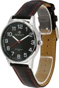 Zegarek Perfect Zegarek męski kwarcowy czarny klasyczny skórzany pasek z czerwonym obszyciem C410 1