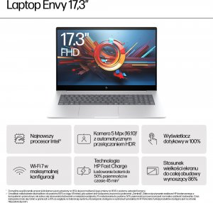 Laptop HP HP ENVY 17-da0004nw Intel Core Ultra 7 155H Laptop 43,9 cm (17.3") Ekran dotykowy Full HD 16 GB DDR5-SDRAM 1 TB SSD Wi-Fi 6E (802.11ax) Windows 11 Pro Srebrny 18