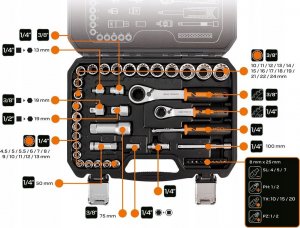 Neo Zestaw nasadek przelotowych 1/4" + 3/8", 46 szt. 8