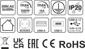 Listwa zasilająca Design Light 2 gniazda + USB A + USB C 3 m Czarny 5