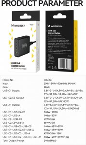 Ładowarka Wozinsky Ładowarka sieciowa GaN Wozinsky WGCSB 240W USB-A / 3 x USB-C - czarna 6
