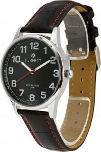 Zegarek Perfect Zegarek męski kwarcowy czarny klasyczny skórzany pasek z czerwonym obszyciem C410 NoSize 1