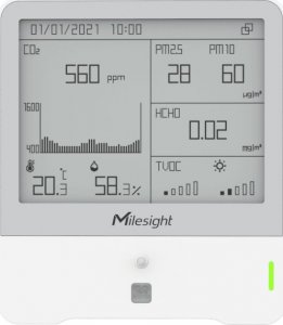 MILESIGHT Milesight AM319 HCHO Czujnik monitorowania otoczenia wewnętrznego LoRaWAN 9w1 Pomiary: Temperatury Wilgotności Co2 PM2.5&PM10 Ciśnienia Ruchu Natężenia Światła TVOC + Formaldehyd 4.2-calowy wyświetlacz E-Ink Zasilany Sieciowo 1