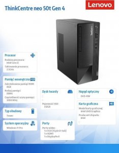 KomputerLenovoKomputer ThinkCentre Neo 50t G4 TWR 12JB0019PB W11Pro i5-13400/16GB/512GB/INT/DVD/3YRS 8