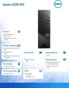 Komputer Dell Vostro 3030, Core i5-14400, 8 GB, Intel UHD Graphics 730, 1 TB M.2 PCIe Windows 11 Pro 3