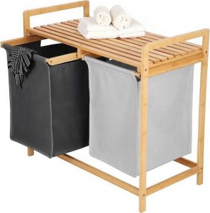 Kosz na pranie Springos Kosz na pranie z dwoma komorami 80 L z bambusową półką 67x70x36 cm UNIWERSALNY 1